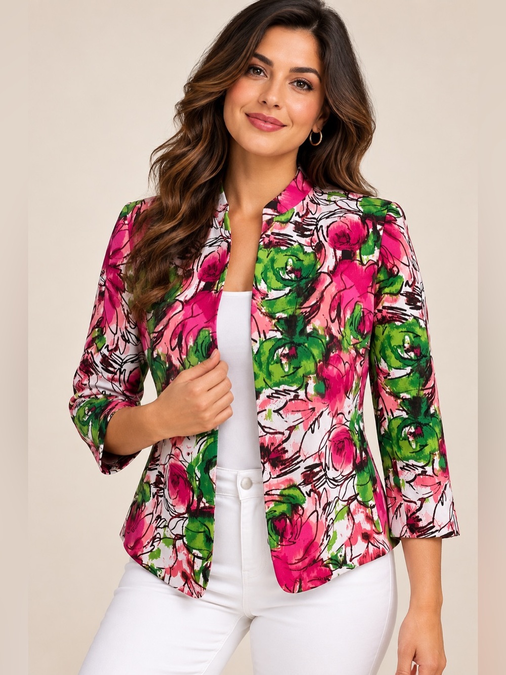Evan Picone Floral Blazer Jacket Women’s 6P Pink Green Open Front Lined Spring